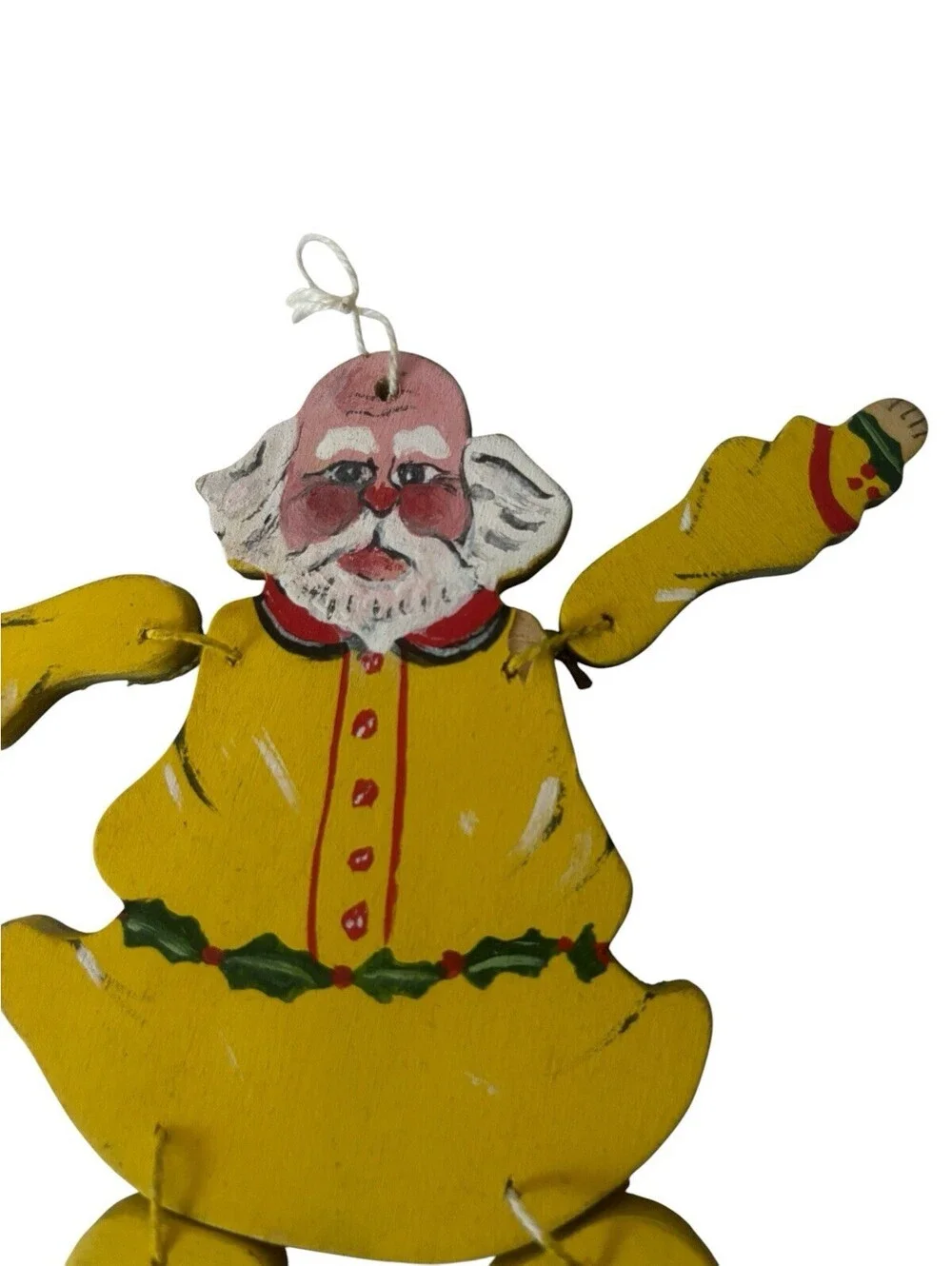 Vintage Wooden Santa Christmas Ornament Hand Painted Jointed Yellow Signed 5”
